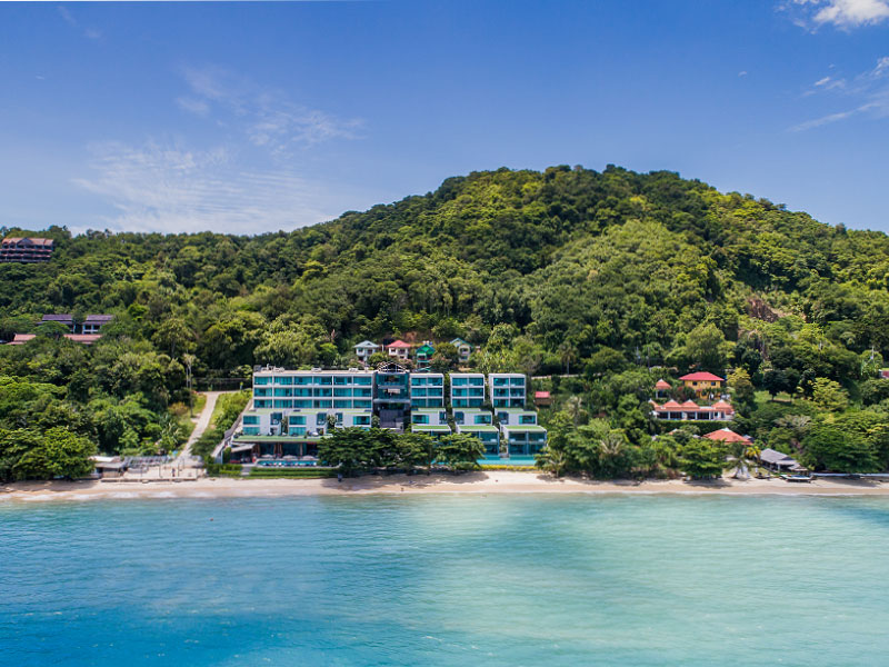 Aerial view of My Beach Resort and Panwa Bay in Phuket