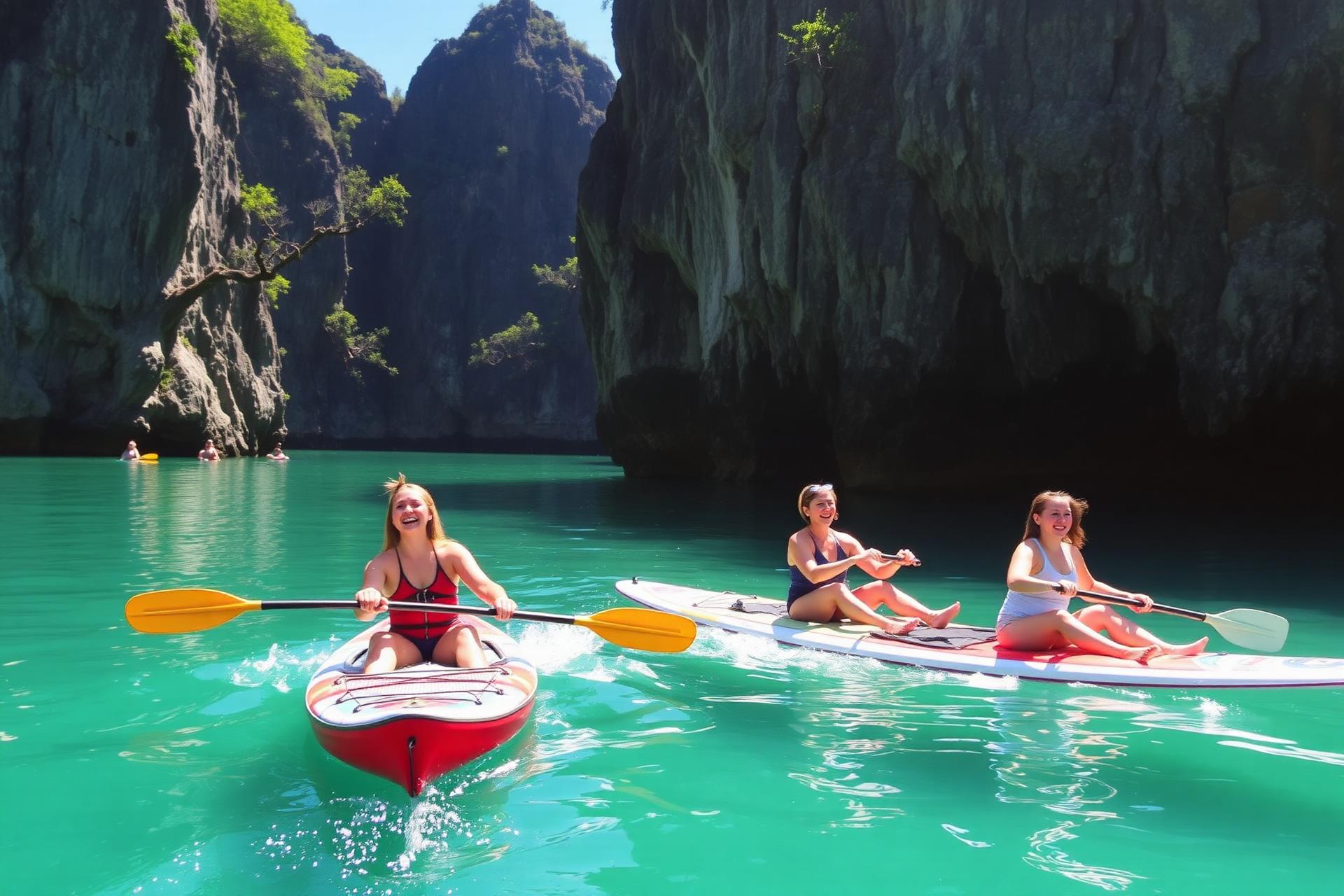 Friends kayaking in an emerald lagoon between limestone cliffs