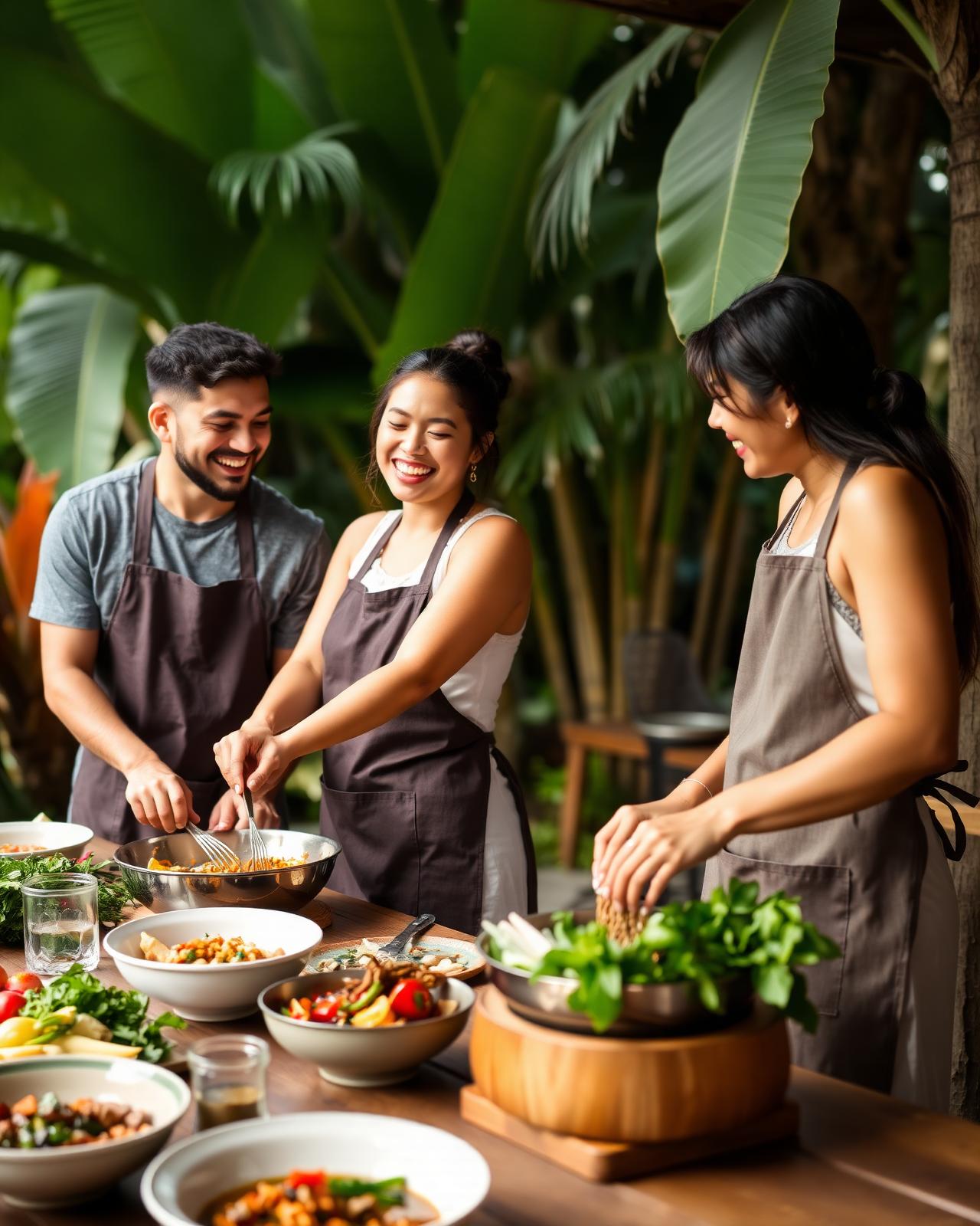 Couples laughing during an outdoor Thai cooking class