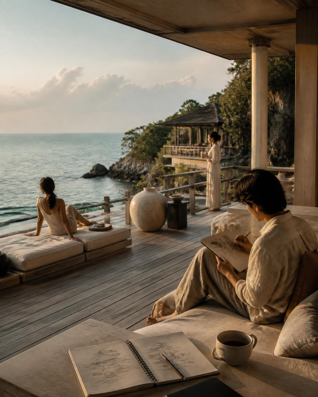Bohemian seaside terrace in Thailand at golden hour — men and women painting, journaling and sketching with a sea view