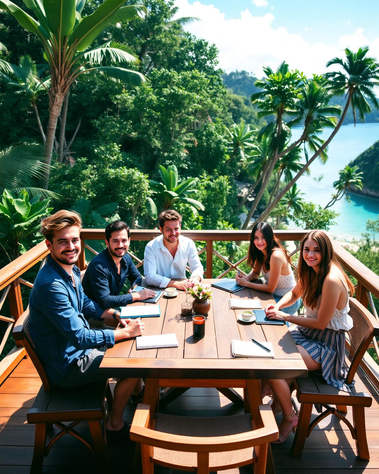 Entrepreneurs in a mastermind session on a tropical villa deck