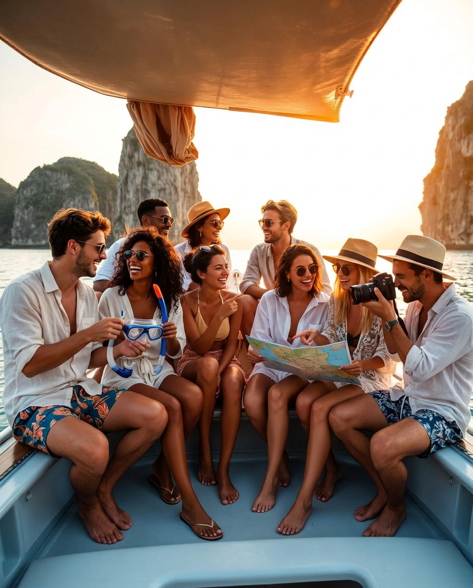 Group of friends laughing together on a boat at sunset in Thailand