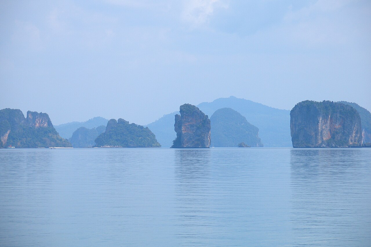 Limestone islands rising from Phang Nga Bay in Thailand