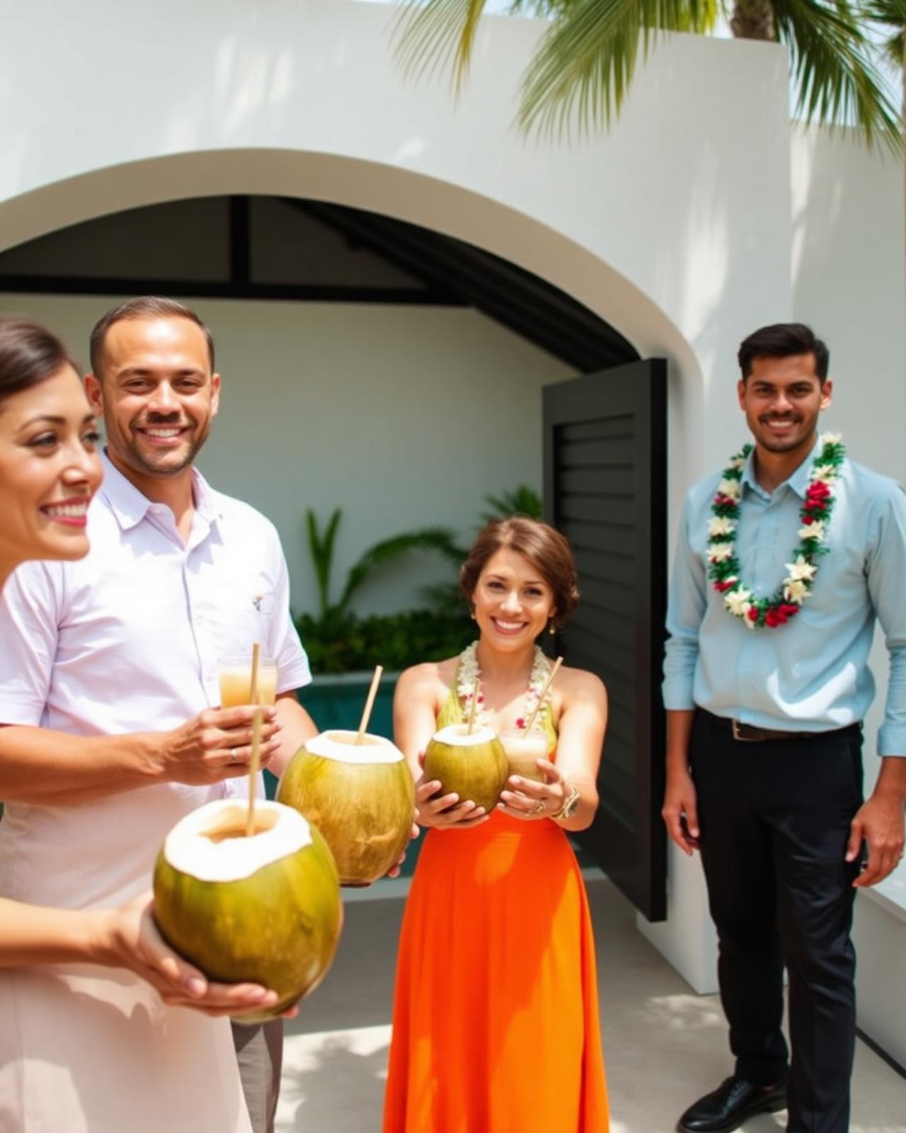 Chillz hosts welcoming guests with fresh coconuts at a villa