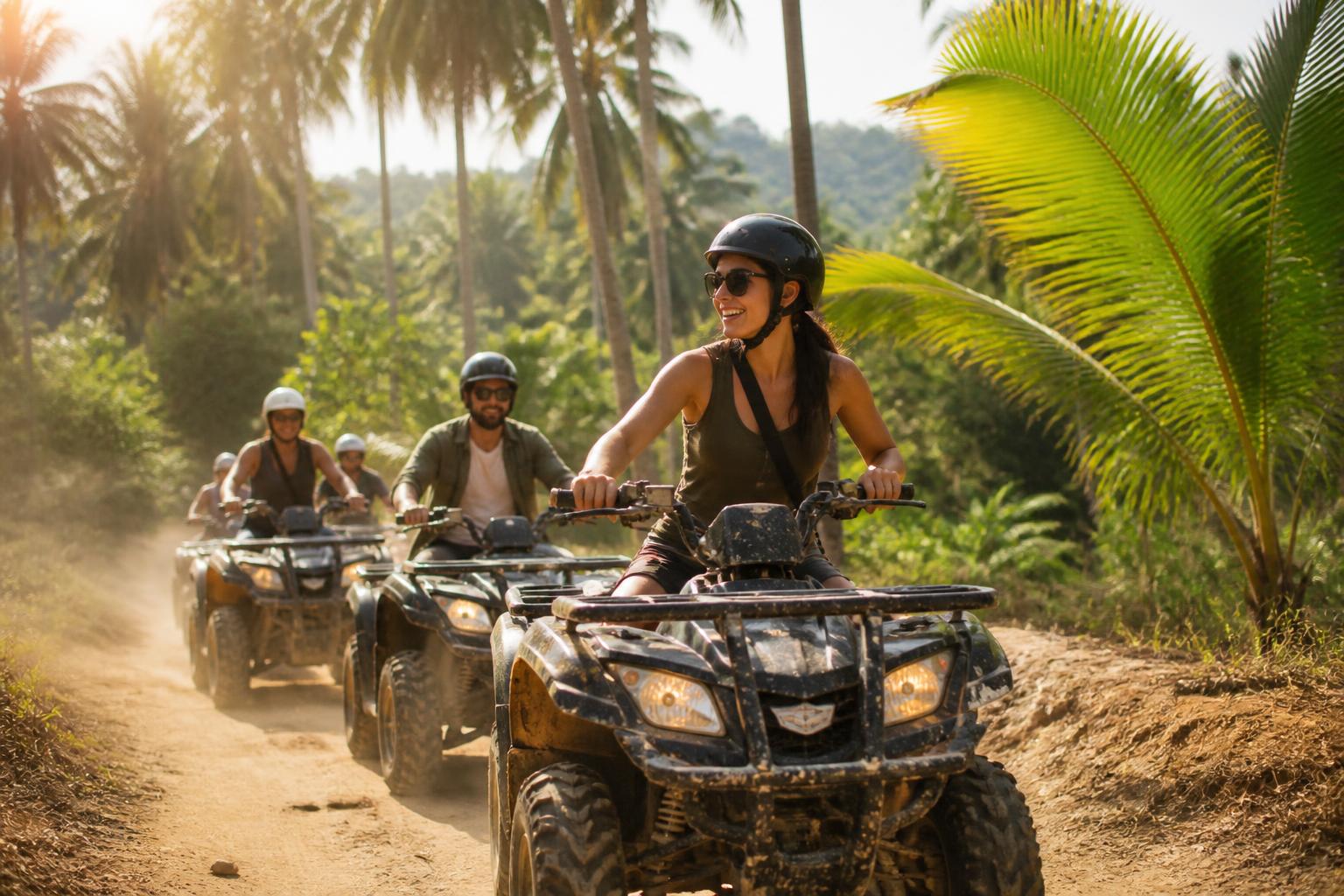 A diverse group of Chillz guests riding ATVs on a tropical trail in Thailand