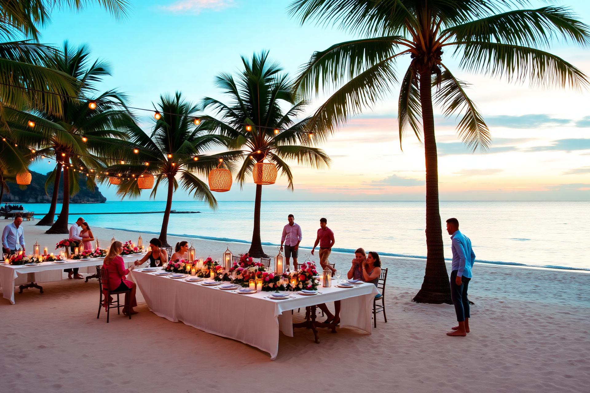 Long dinner table on a private beach at sunset with string lights