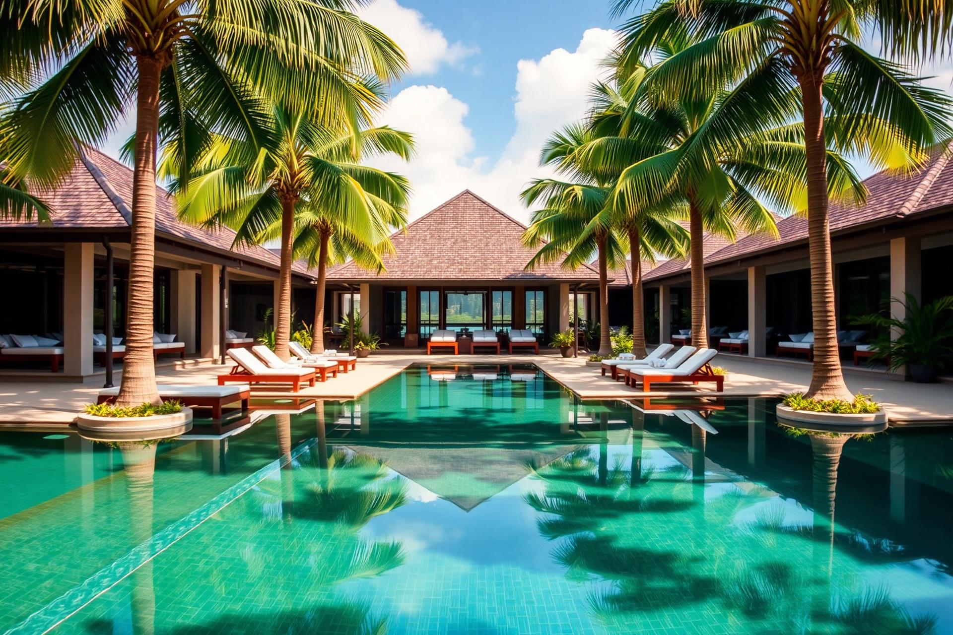Private pool villas surrounded by coconut palms at a Thai resort
